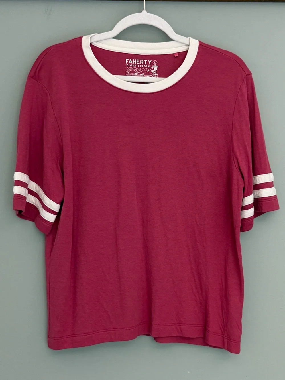 Faherty Berry Pink White Varsity Stripe Cloud Cotton Ringer Tee Shirt - Picture 3 of 16